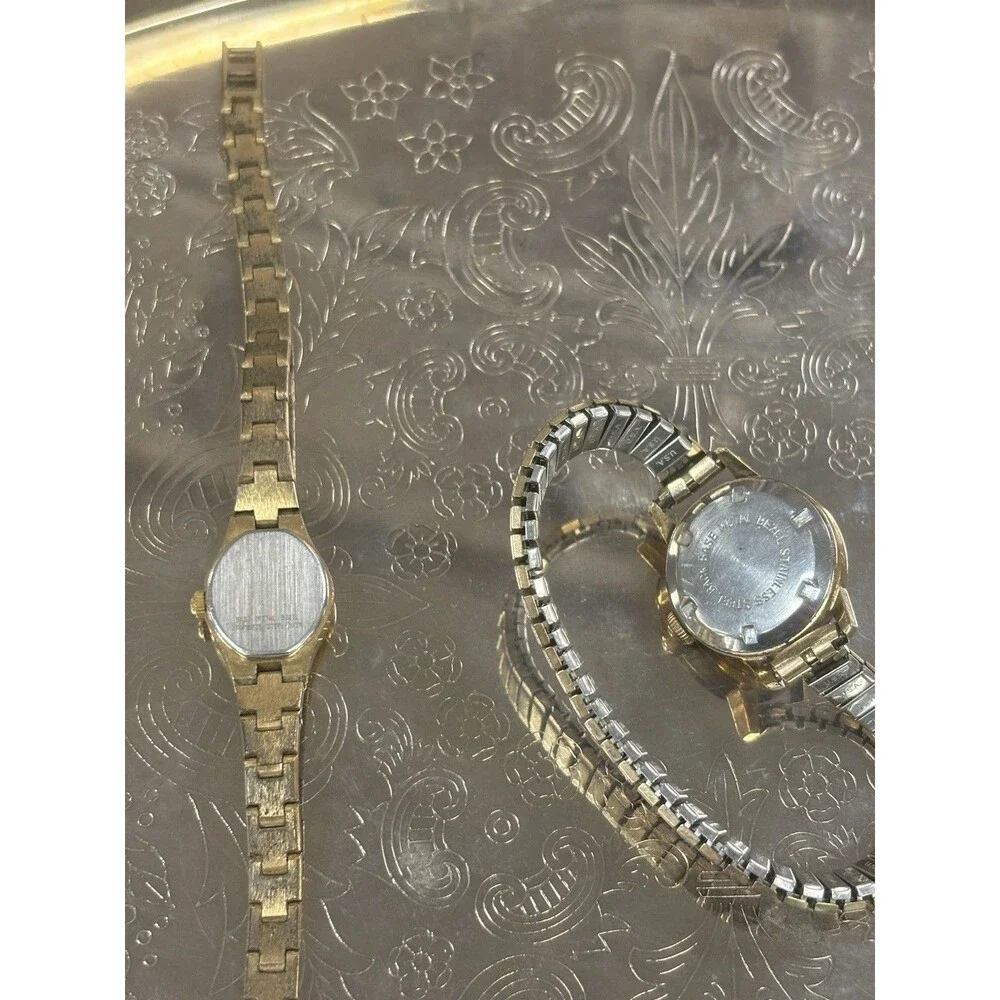 VTG Helbros Ladies Watch Lot of 2 Quartz & Invincible Gold Tone Stretch Band